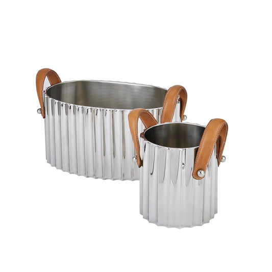 Silver Fluted Leather handled Silver Champagne Cooler- Medium