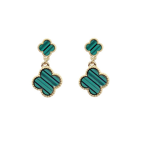 Drop Clover Shaped Earrings- Emerald Green/Gold