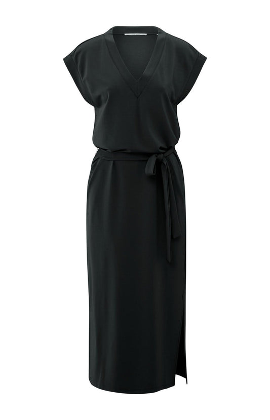 V Neck Dress with Tie Belt - Washed Black