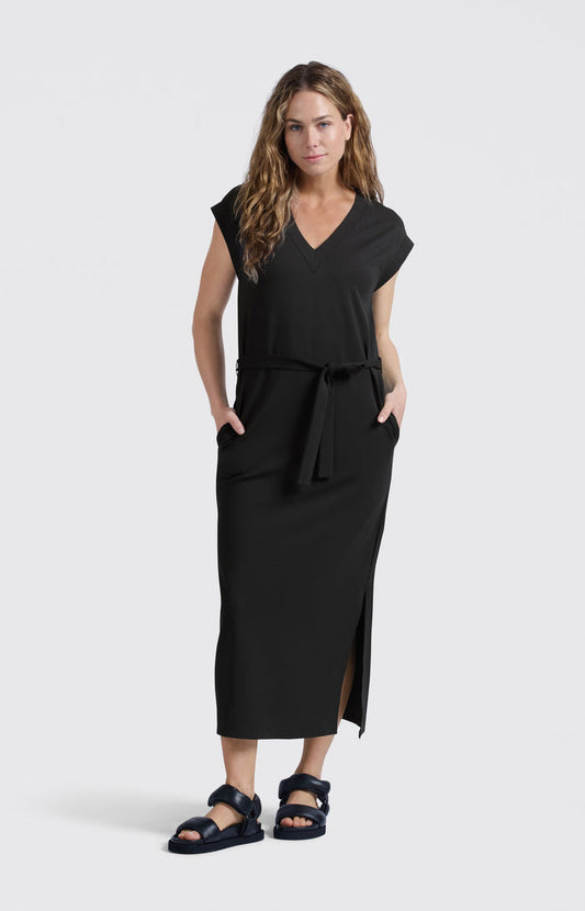 V Neck Dress with Tie Belt - Washed Black
